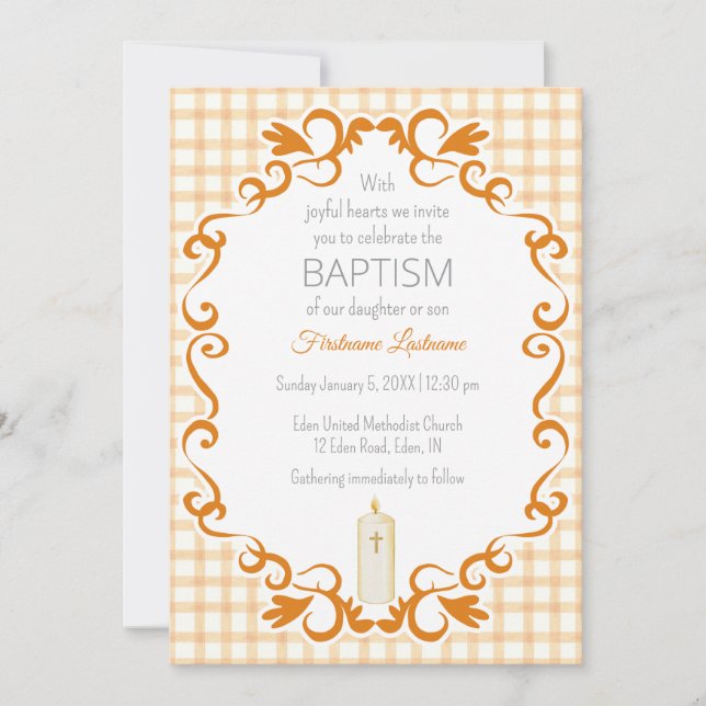 Invitation Baptême Bougie Croix Gingham Cuivre 012 (Devant)