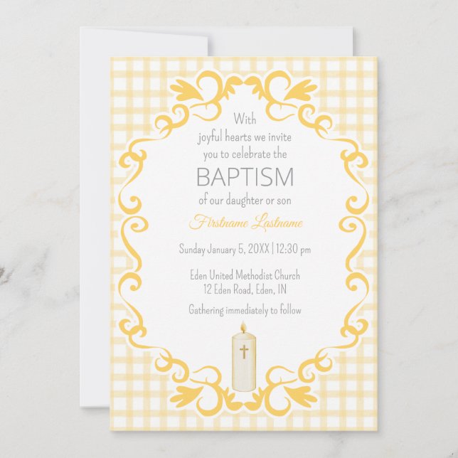 Invitation Baptême Bougie Croix Gingham Marigold 016 (Devant)