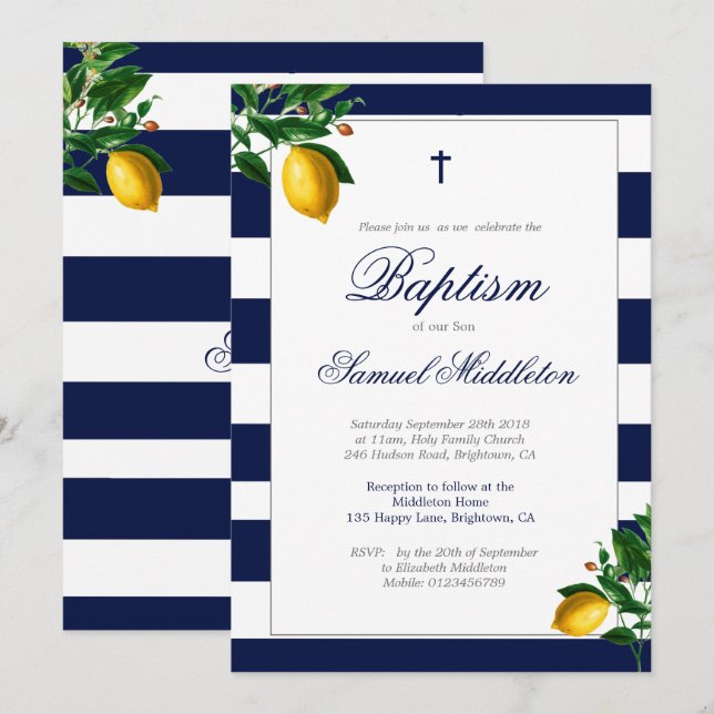 Invitation Baptême Boy Navy Stripes Lemons Argent Religieux (Devant / Derrière)