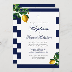 Invitation Baptême Boy Navy Stripes Lemons Argent Religieux