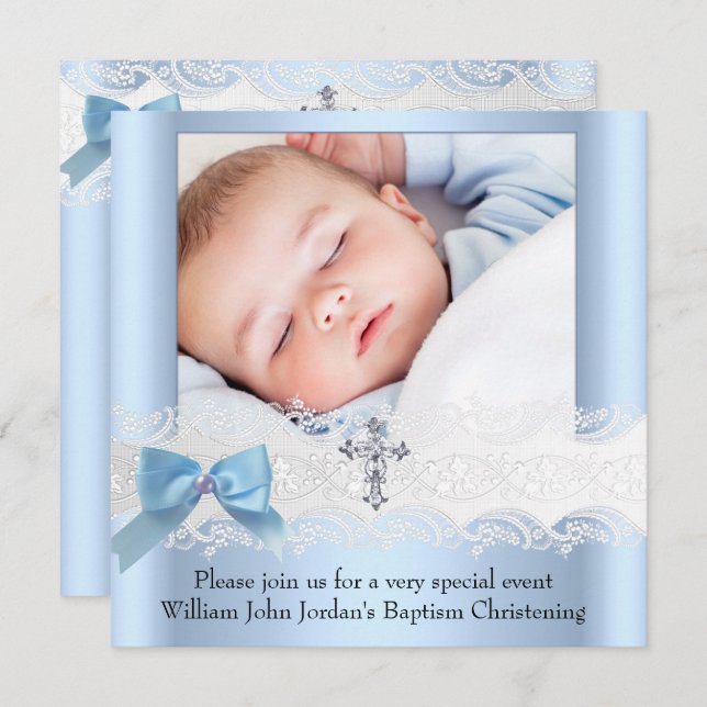 Invitation Baptême Boy Photo Blue White Lace Jewel Cross 3 (Devant / Derrière)