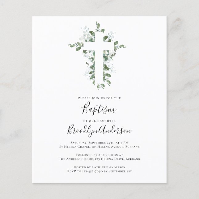 INVITATION Baptême BUDGET | Croix en Eucalyptus (Devant)
