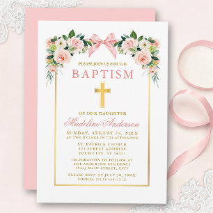 Invitation Baptême Cadre Doré Ruban Rose Floral Aquarelle