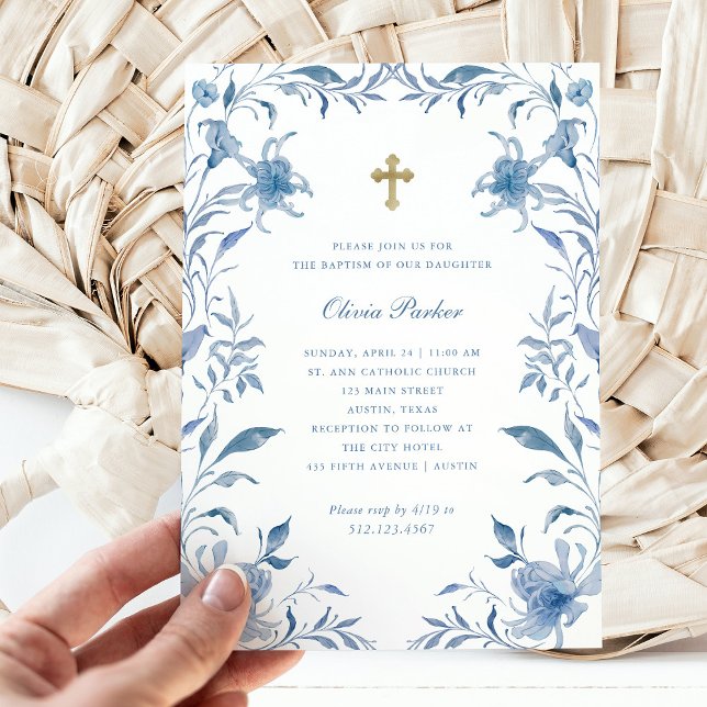 Invitation Baptême | Cadre floral bleu et blanc Chinoiserie (Créateur téléchargé)