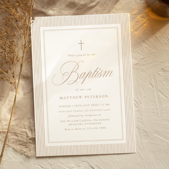 Invitation Baptême Calligraphié Élégant Beige (Créateur téléchargé)