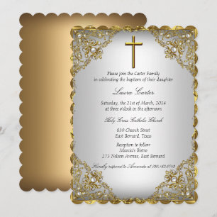 Invitation Baptême/Cathédrale de perle dorée et croix en dama