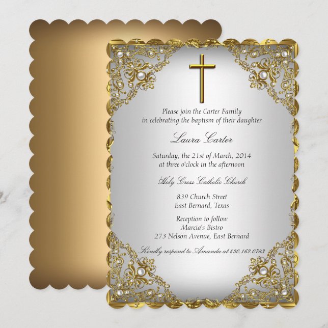 Invitation Baptême/Cathédrale de perle dorée et croix en dama (Devant / Derrière)