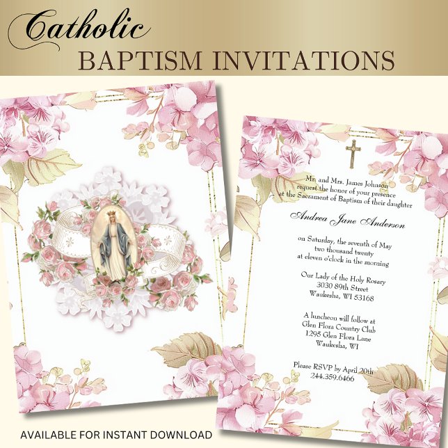 Invitation Baptême catholique baptême bénédiction Marie Flora (Créateur téléchargé)