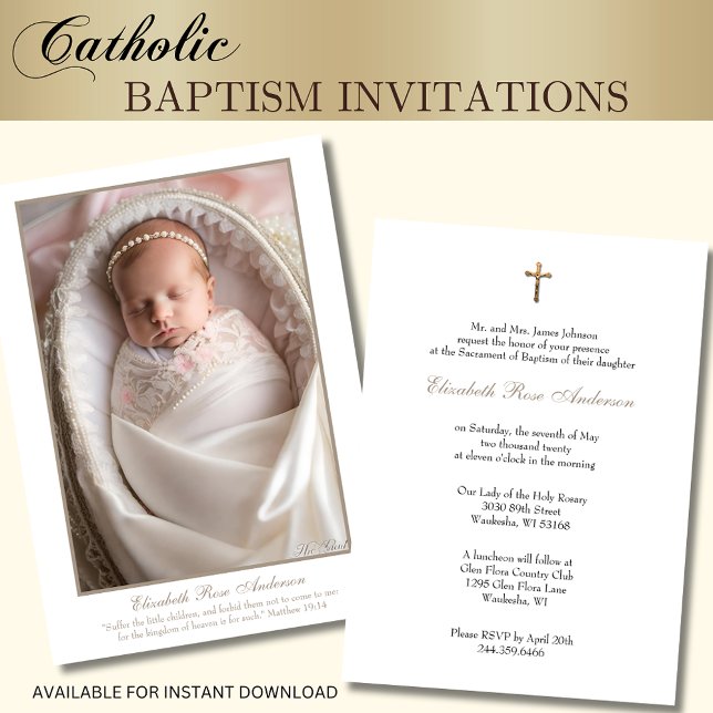 Invitation Baptême catholique Bébé Photo Croix de l'Écriture (Traditional Catholic Baby Baptism Invitations with photo - Gold Crucifix and Scripture Verse)
