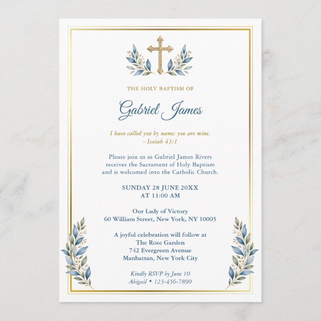 Invitation Baptême catholique bleu et or  (Devant)