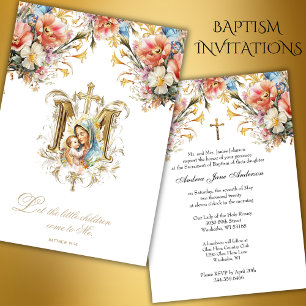 Invitation Baptême catholique Christening Marie Jésus Floral