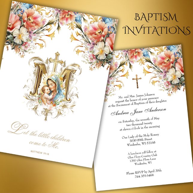 Invitation Baptême catholique Christening Marie Jésus Floral (Créateur téléchargé)
