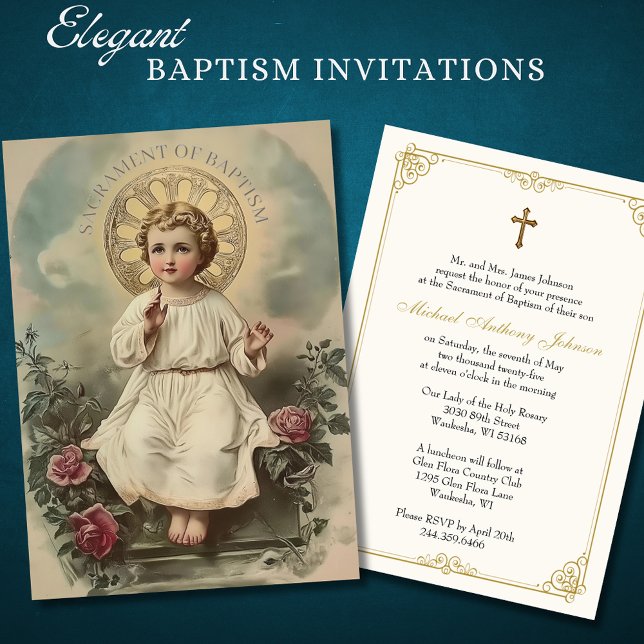 Invitation Baptême Catholique Enfant Floral Jésus (Créateur téléchargé)
