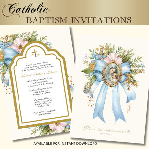 Invitation Baptême catholique Fleur Marie et Jésus