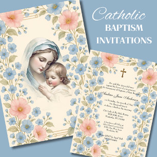 Invitation Baptême catholique Floral Jésus bénit Mère