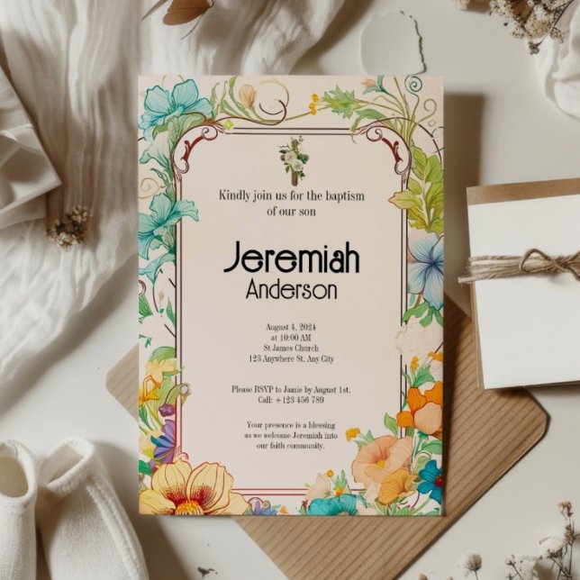 Invitation Baptême Catholique Floral Simple Élégant Crème Ver (Créateur téléchargé)