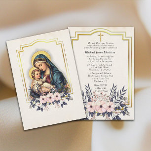 Invitation Baptême catholique florale Béni Mère Jésus