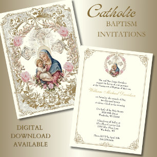 Invitation Baptême catholique rose Floral Marie Jésus vintage