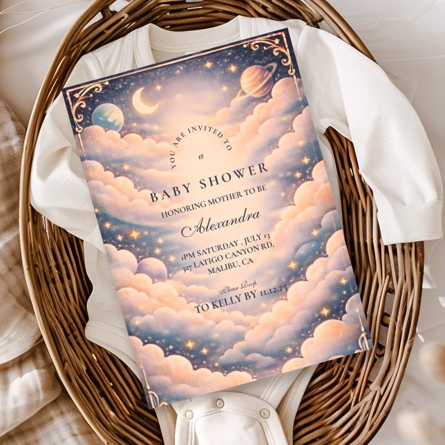 Invitation Baptême Céleste Nuages Étoiles Bébé (Créateur téléchargé)