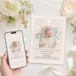 Invitation Baptême Champagne Photo fleurs blanches arche fill