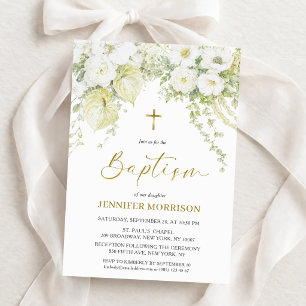 Invitation Baptême chrétien Croix d'Or et Fleurs Blanches