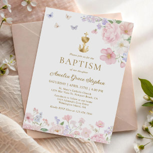 Invitation Baptême chrétien de fille papillon floral pastel