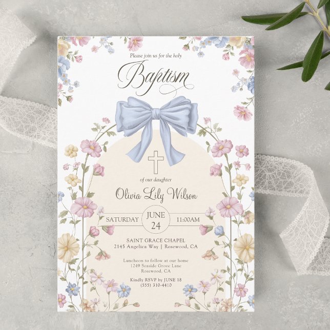 Invitation Baptême chrétien de fille Pastel arc-en-ciel Fleur (Créateur téléchargé)