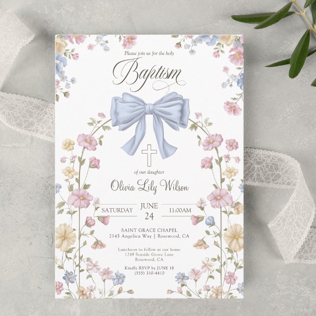 Invitation Baptême chrétien de fille Pastel arc-en-ciel Fleur (Créateur téléchargé)