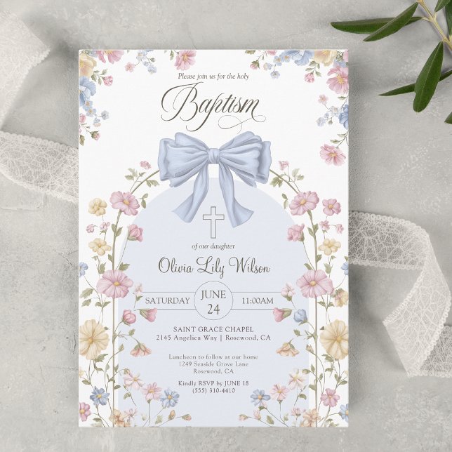 Invitation Baptême chrétien de fille Pastel arc-en-ciel fleur (Créateur téléchargé)