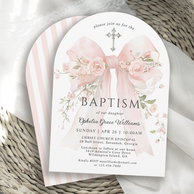 Invitation Baptême chrétien de fille Ruban floral rose (Available in both printed and instant download digital formats.)