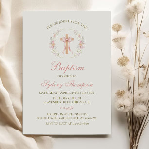Invitation Baptême chrétien de fille Ruban floral rose