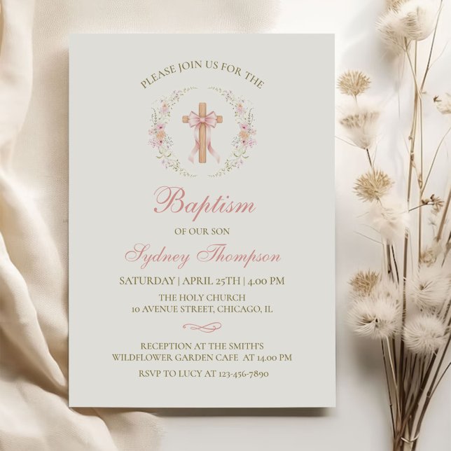 Invitation Baptême chrétien de fille Ruban floral rose (Créateur téléchargé)