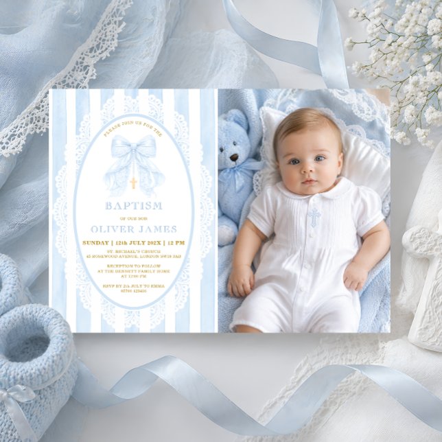 Invitation Baptême chrétien d'un garçon Photo ruban bleu (Créateur téléchargé)