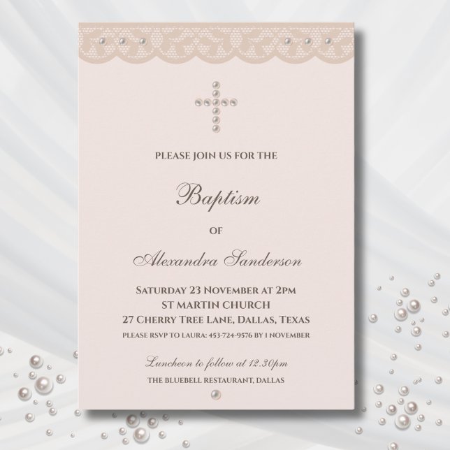 Invitation Baptême chrétien élégant beige Croix (Créateur téléchargé)