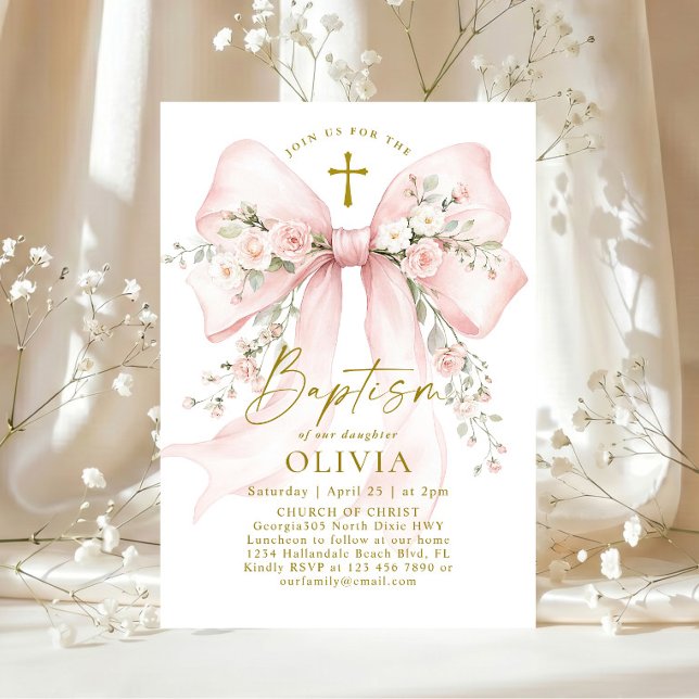 Invitation Baptême chrétien élégant d'une fille - Ruban flora (Créateur téléchargé)