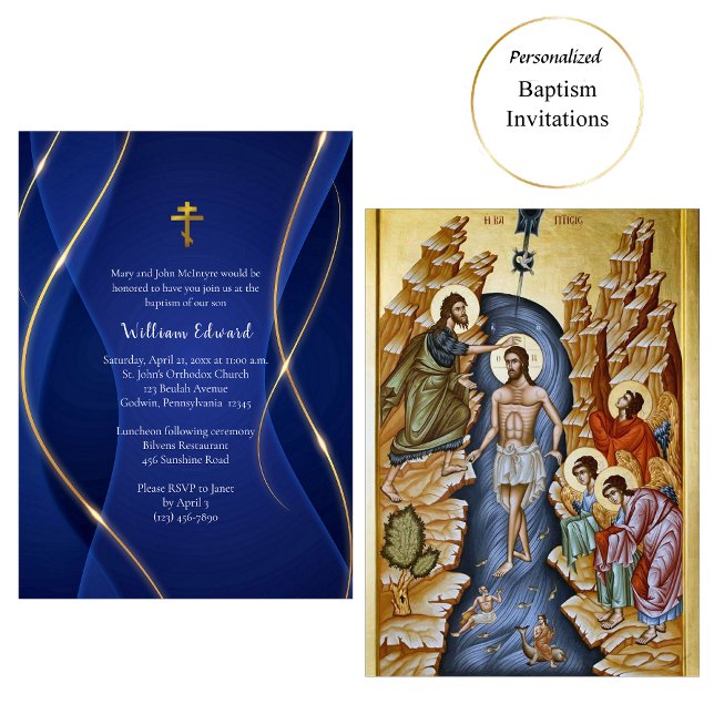 Invitation Baptême Chrétien Orthodoxe Or Métalisé Bleu Profon (Créateur téléchargé)