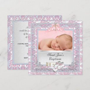 Invitation Baptême Christening Bébé Fille Blanc Rose