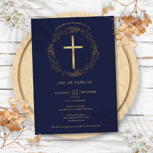 Invitation Baptême Christening Bleu Marine Croix Florale Or