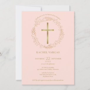 Invitation Baptême Christening Blush Pink Gold Cross Floral