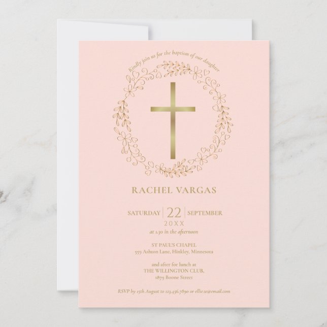 Invitation Baptême Christening Blush Rose Croix Florale (Devant)