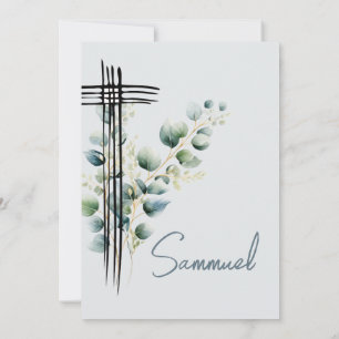 Invitation Baptême Christening Boy Croix Bleue Moderne