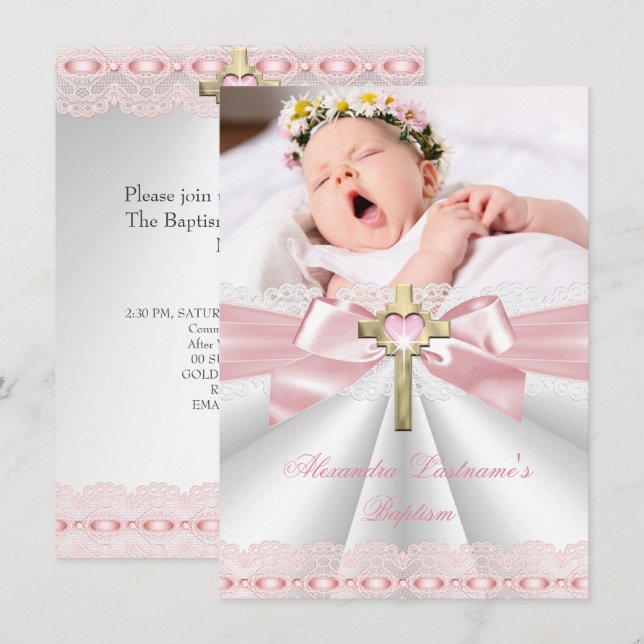 Invitation Baptême Christening Croix Dorée Filles Rose 2 (Devant / Derrière)