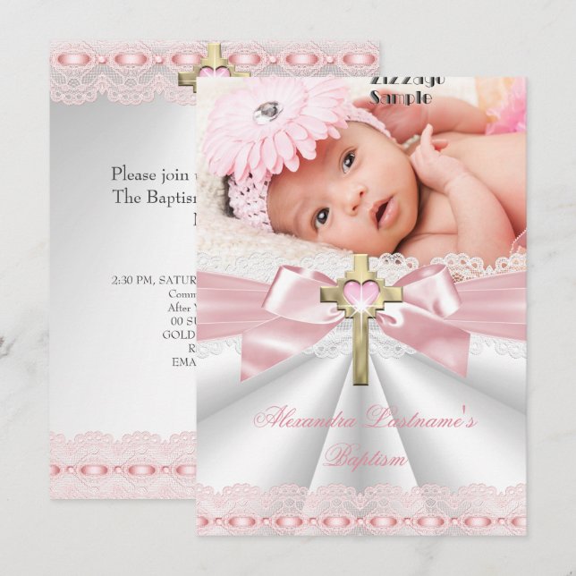 Invitation Baptême Christening Croix Or Filles Rose (Devant / Derrière)