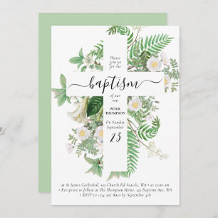 Invitation Baptême Christening Cross Green Genre Neutre