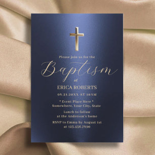 Invitation Baptême Christening Cross Moderne Marine Bleu & Or