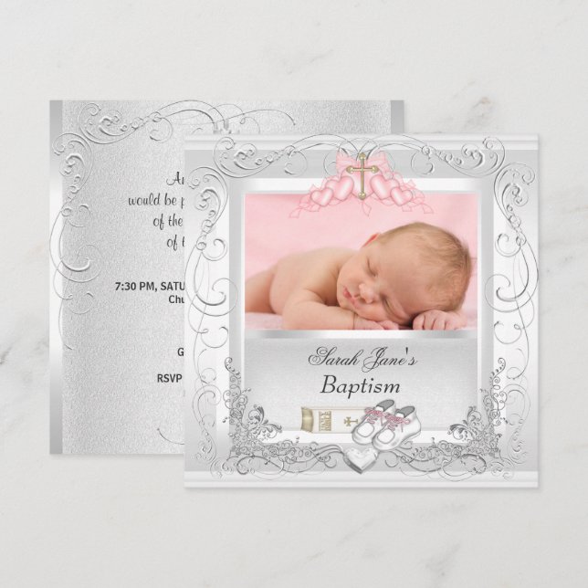 Invitation Baptême Christening de Bébé Fille Blanc Rose (Devant / Derrière)