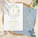 Invitation Baptême Christening Dusty Blue Garland Gold Cross<br><div class="desc">Une guirlande de laurier décorative,  des anneaux d'or,  et de croix s'assoient au-dessus de votre baptême spécial ou des informations d'invitation à baptiser sur ce design élégant. L'envers est assorti d'une guirlande de laurier,  d'anneaux d'or et d'une croix sur un arrière - plan bleu poussiéreux. Conçu par Thisisnotme©</div>