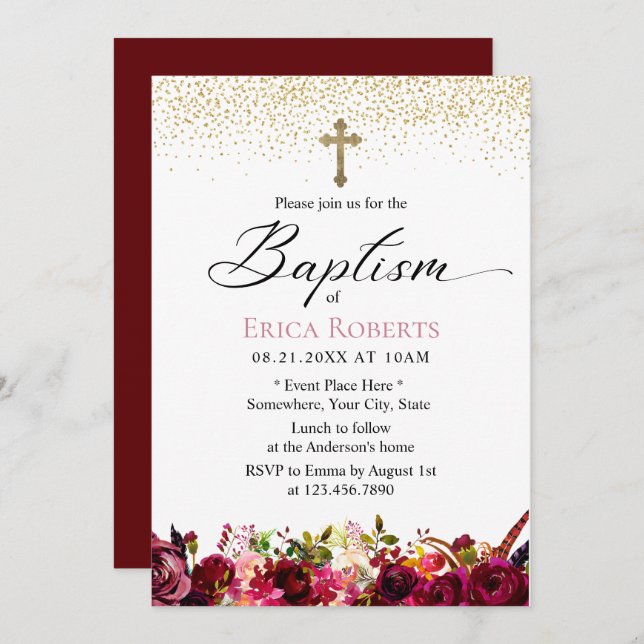Invitation Baptême Christening Élégant Bourgogne Rouge Floral (Devant / Derrière)