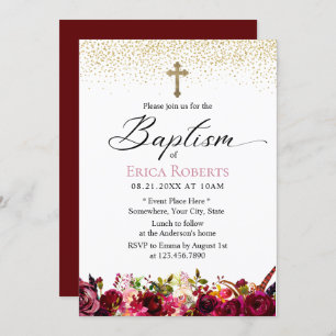 Invitation Baptême Christening Élégant Bourgogne Rouge Floral