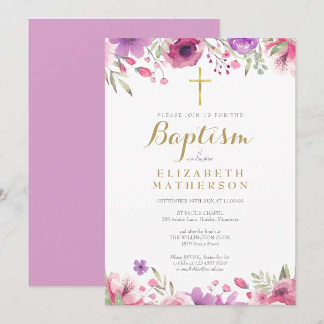 Invitation Baptême Christening Élégant Rose Fleur Rose (Devant / Derrière)
